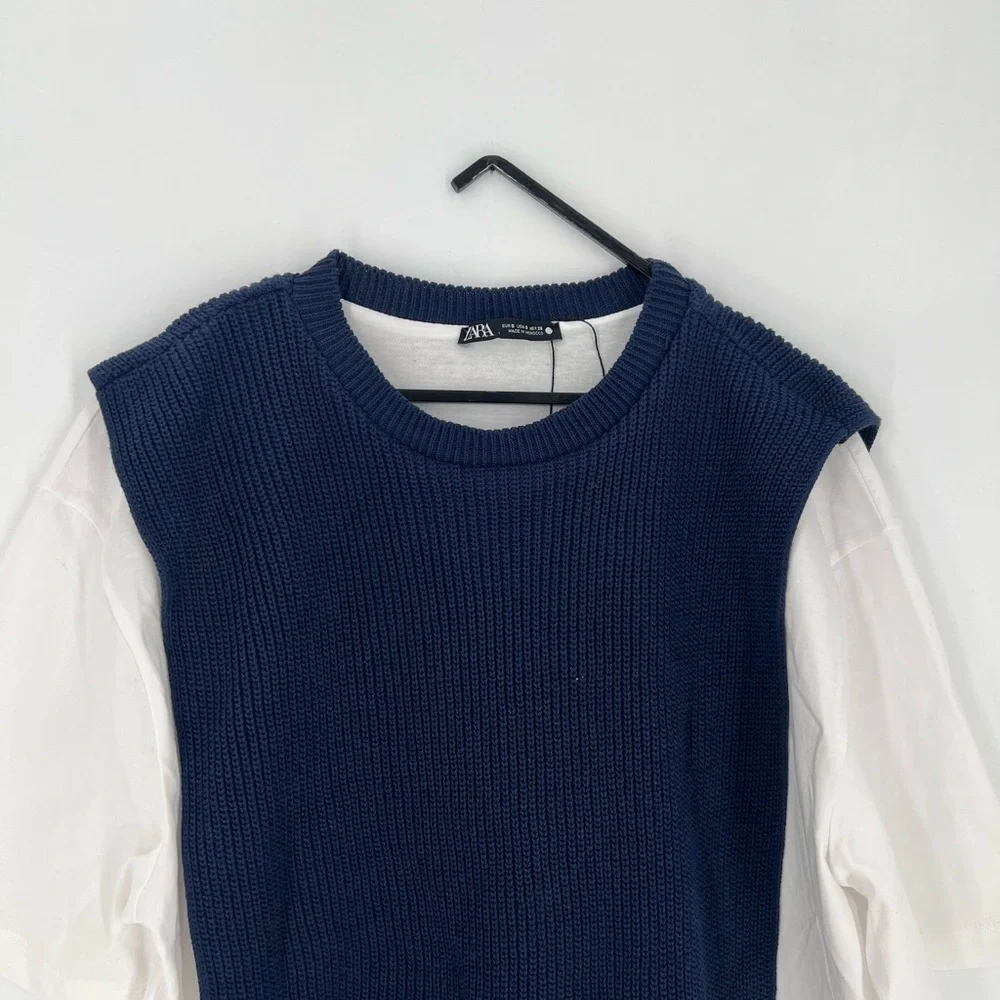 Zara Knit Sweater Contrasting Overlay Mixed Shirt Sweater Layered Bib Vest